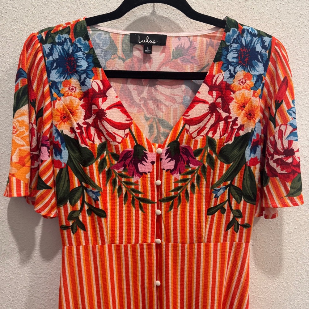 Lulu's Roam the Riviera Orange Multi Striped Button-Up Maxi Dress Size Small EUC - Picture 8 of 15